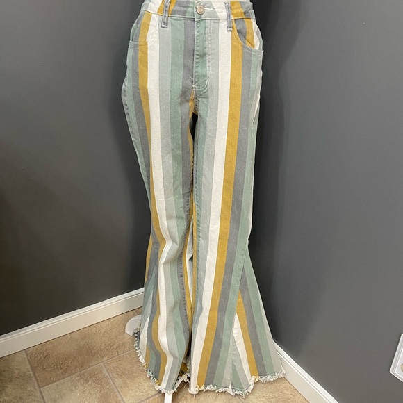 Womens Striped Bell Bottom Jeans M Flare Stretch Hippie Boho Festival Grunge - Picture 1 of 16